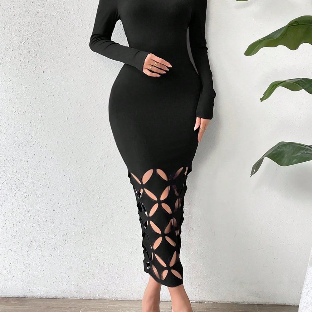 Black Preppy Womens Off Shoulder Cut Out Bodycon Dress - Picture 5 of 5